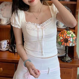 Fresh Romantic Pure Color Square Collar Bubble Sleeve Girl T-Shirt Ins Trend Slim Casual Blouse New Style-Outfit