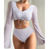 2023 New Split-Colored High-Waist Conservative Splicing Yarn Swimsuit