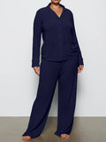 Long Sleeve Button Down Ribbed Knit Pajamas Set-Outfit