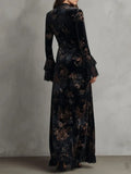 Blue Retro Print Temperament Slimming Velvet Cheongsam Dress Dress Autumn And Winter Long