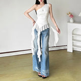 Summer Fashion Trend Women's New Slant Shoulder Repair Letter Drill Irregular Vest