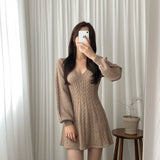 And Winter Vintage Linen Pattern V-Necked Waist Small Lantern Sleeve A Word Knitted Sweater Dress Women