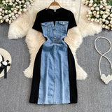 Toloer And Winter Korean Version Of The Socialite Temperament Short Sleeve Round Collar Waist Show Thin Jeans Splicing A-Word Dress Casual T-Shirt