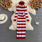 Women Retro Stripe Knitted Dress Sexy Off Shoulder Long Sleeve Slim Dresses Autumn Winter Bodycon Korean Sweater