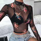 Toloer Sleeve Cupid Print T-Shirt Girl Autumn Burst Half High Collar Mesh Crop Street Top Girl-Outfit