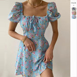 Women's Summer French Bubble Sleeves Crush Flower Dopamine Wear Dresses Women's Elegant Bubble Sleeve