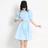 Casual Embroidery Dress For Women Lapel Short Sleeve High Waist Colorblock Loose Midi Dresses Female Clothing