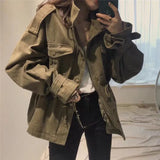 Army Green Women Jacket Drawstring Lace Up Slim Waist Coat 2022 Autumn Retro Zipper Stand Neck Medium-Long Outwear