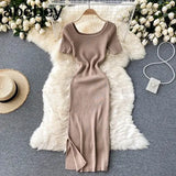 Women Slim Knitted Dress Square Collar Short Sleeve Elastic Bodycon Dresses 2022 Summer Streetwear Sexy Split