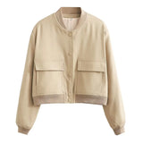 New Women's Fashion French Big Pocket Short Autumn Bomber Jacket