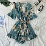 Women Rompers casual wide leg pants overalls short sleeve v neck solid playsuits summer beach chiffon ruffle