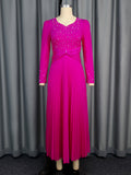 Pearl Evening Dress 2025 New V-Necked Long Sleeves Hundred Rolled Dress Party High Waist Dress