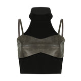 High-Necked Leather Splicing Fake Two Vest Street Hottie Sexy Umbilly Short Sling