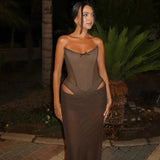 Brown Mesh Corset Bodysuit And Maxi Skirt Set-Outfit