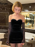 Strapless Black Velvet Bodycon Dress With Fishnet Mesh Long Sleeve Backless Night Club Party Mini Dresses Ladies Robe-Outfit