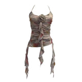 Lotus Leaf Side Flower V-Neck Sling Vest Dyed Mesh Cross-Sleeveless Top