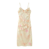 New Spring Style Two-Color Slim Printed Lotus Leaf Lace Dress-Outfit