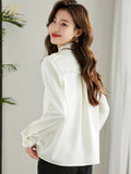 Han Queen New Arrival Spring Autumn Shirts Women's Blouses Vintage Work Casual Top Chiffon Blouse Elegant Lace-Up Loose Shirts-Outfit