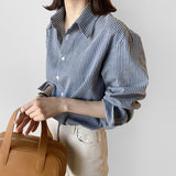 Version Of POL Collar Thin Striped Cotton Silk Shirt Woman 2025 New Broken Shoulder Long Sleeve Tuxedo