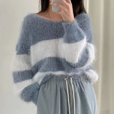 Chic Autumn/Winter Vintage Lazy Loose Round Collar Ctriped Striped Knitted Jerseys On The Head Of The