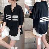 Striped Patchwork Midi Blouse Three Quarter Spring Summer Women's Clothing V-Neck Casual Single-breasted Loose