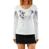 Women Gothic T-shirts Crop Tops Fall Winter y2k Clothes 2024 Fashion Classic Slim Long Sleeve Print Streetwear Tops-Outfit