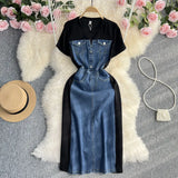Toloer And Winter Korean Version Of The Socialite Temperament Short Sleeve Round Collar Waist Show Thin Jeans Splicing A-Word Dress Casual T-Shirt