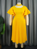 Casual Comfort Hollow Collar Folding Skirt Elegant Style Level Feel Horn Sleeve Dress Dress