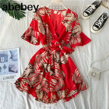 Ruffled Women Playsuits Elastic High Waist Bow Female Jumpsuit Romper Butterfly Sleeve Short Overalls for