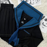 School Girl JK Uniform Skirts Suit Women Girl Bow Sailor Blouses Pleated Short Skirt Sailor Uniform JK Navy Costumes-Outfit