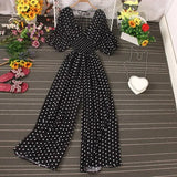 Jumpsuit Women Casual Elegant Polka Dot Puff Sleeve High Waist Chiffon Wide Leg Playsuit Female Rompers
