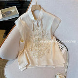 Chinese Style Jacquard Acetic Acid Vest Blouse Summer Temperament Standing Collar Horse Clip Heavy Industry Embroidered Sleeveless Blouse-Outfit