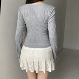 Toloer Girl Split Dense Edge Base Long Sleeve T Shirt Square Collar Wood Ear Bow Slim All-Match Jacket-Outfit
