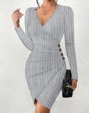 Autumn And Winter New Solid Color V Collar Tight Package Hip Slim Sexy Long-Sleeved Dress Woman-Outfit