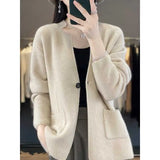 Autumn And Winter New Cashmere Cardigan Female V Collar Loose Solid Color Thick Jacket Lazy Wind Wool Knit Sweater Coat-Outfit