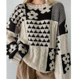 And Winter Sweater Women's Square Flowers Casual Loose Round Collar Knitted