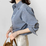 Version Of POL Collar Thin Striped Cotton Silk Shirt Woman 2025 New Broken Shoulder Long Sleeve Tuxedo