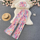 Women Zebra Summer Fashion Korean Set Sexy Off Shoulder Strapless Short Tops+High Waist Gradient Long Pants Two Piece Suits