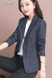 Vintage Casual Plaid Blazer Women Fashion Single Button Office Ladies Jacket Coat Notched Collar Long Sleeve