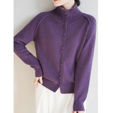 2025 New Retro Buckle Design High-Necked Ladies Knitted Cardigan Pure Color Ocean Sweater