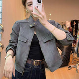 Retro Standing Collar Leather Velvet Early Autumn Coat Female Short Style Fashion Loose Casual Motorcycle Suit Small Jacket Jacket-Outfit