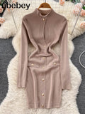Women's Casual Turtleneck Long Sleeve Bodycon Hollow Out Buttons Mini Bandage Dress Elegant Party Street