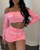 2022 New Fashion Women's Pocket Design Letter Word Collar Short Jacket Short Skirt Suit 2-Piece