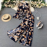 Vacation Beach Two Piece Set Women Sexy V-Neck Bandage Short Tops + High Waist Split Wide Leg Pant Suit Spring