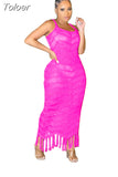 Solid Crochet Knitted Beach Cover Up Dress Tunic Summer Spaghetti Strap Tassels Hollow See Through Bikini Swimwear
