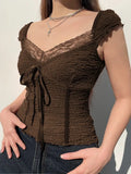 Lace-up Lace Patchwork Y2K Top Short Sleeve Summer 2023 Kawaii Clothes Vintage Tank Tops Coquette T-shirt Women
