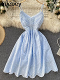 Summer New Sweet Strap Dress Hollow Out Embroidery Waving Backless Women Holiday Beach Dress Chic Fashion