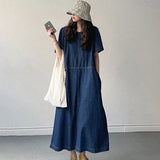 Toloer Chic Summer Retro Temperament Round Collar Bright Line Design Sense Loose Casual Short-Sleeved Denim Dress Female-Outfit