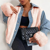 Women Streetwear Plush Denim Jacket Coat Autumn Winter Casual Adults Long Sleeve Lapel Neck Plush Patchwork Jacket Outerwear
