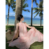 Toloer French Salt Sweet Tie Belt Hanging Neck Sleeveless Loose Long A Word Pink Tie-Dye Vest Temperament
